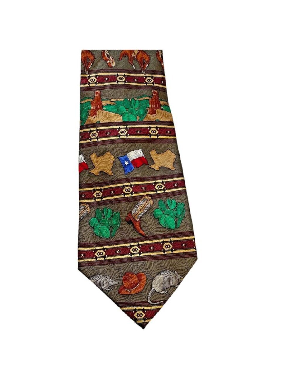 Vintage Silk Tie Texas Novelty Print Western Cowboy Boots Hats Armadillos Rodeo